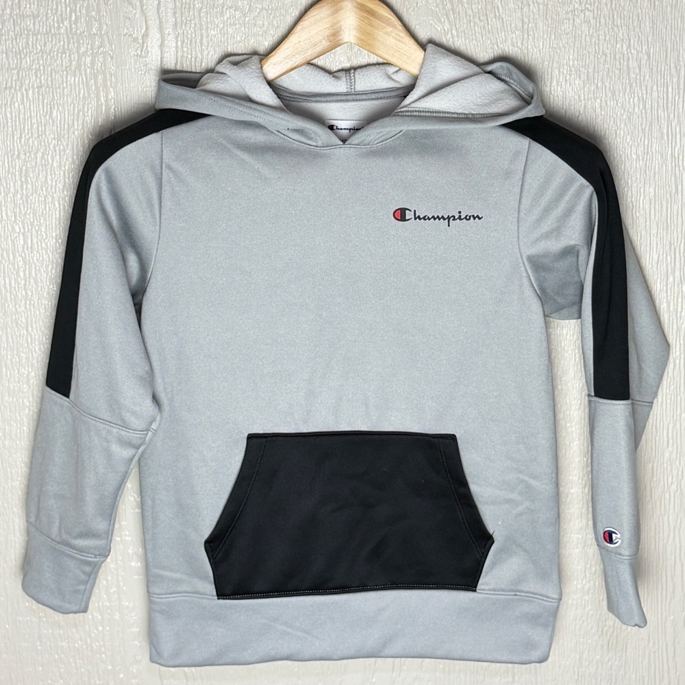 Champion Boys Grey Black Performance Tech Fleece Hoodie Sweatshirt Size M 10/12
